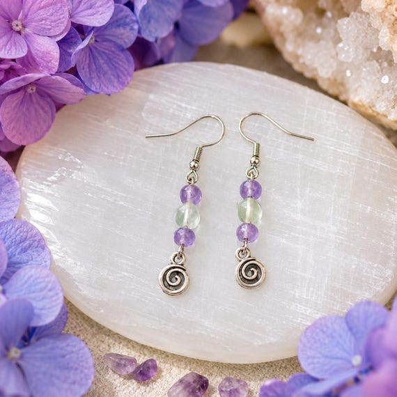 Purple Jade & Fluorite Gemstone Earrings • Hypoallergenic Stainless Steel Silver Ear Wires • Spiral Charm Earrings • Handmade