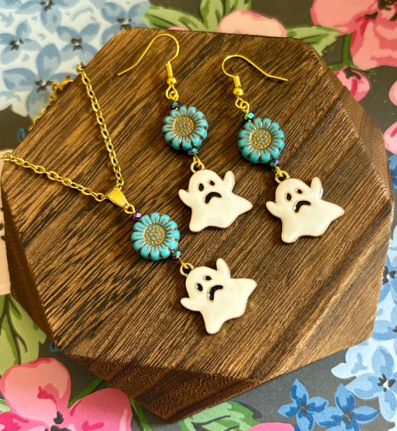 Ghost Charm Earrings or Necklace: Czech Glass Flowers, Rainbow Hematite