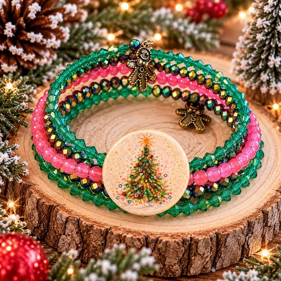 Christmas Sparkle Dreams Coil Wrap Bracelet, Rainbow Hematite Gemstone Jewelry, Pink Green Christmas Bracelet, Gingerbread Charms