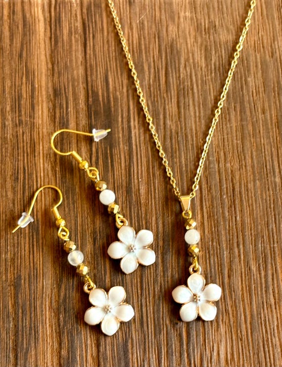 Gemstone Necklace / Earrings - Gold Hematite / Jade Crystal Healing, Cherry Blossoms, White