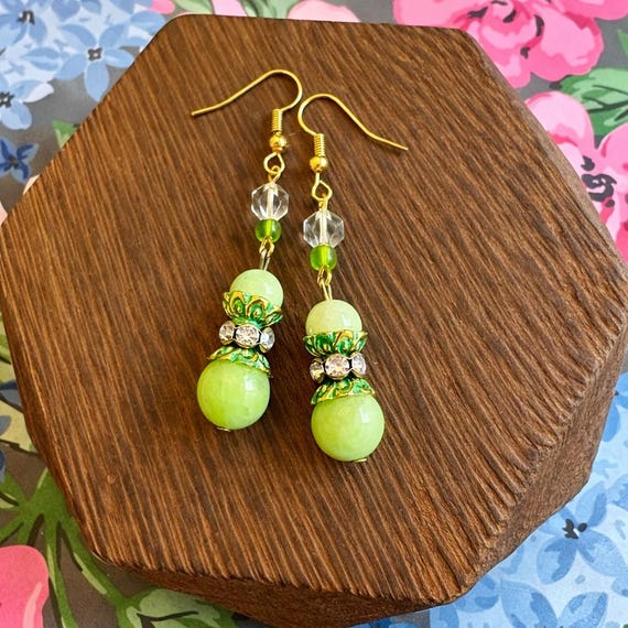 Jade and Quartz Gemstone Dangle Earrings – Czech Glass, Gold Tone, Hypoallergenic