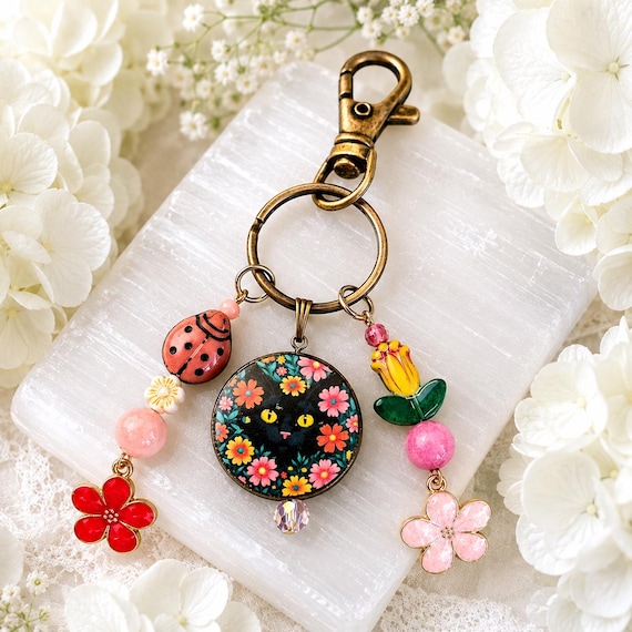 Enchanted Garden Whiskers Gemstone Charm | Black Cat Floral Purse Charm | Handmade Keychain | Jade Gemstones | Cottagecore Gift | Ladybug