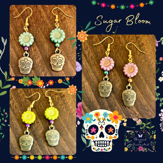 Rainbow Hematite Sunflower Earrings: Bronze Sugar Skull Charms
