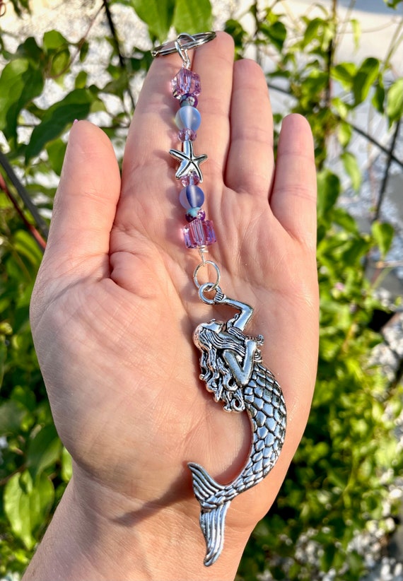 Crystal Healing Boho Clip on Hanging Charm / Mermaid Keychain / Crystal Charm, Mermaid Suncatcher
