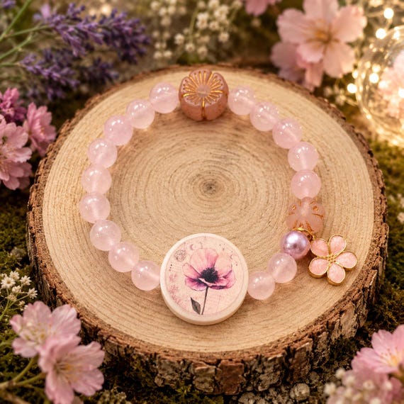 Whispering Wildflower Enchantment Bracelet - Pink Jade Gemstone Bracelet, Summer Bloom Enchantment Collection, Handmade Floral Stretch