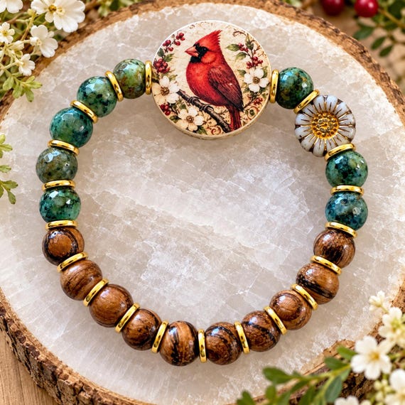 Cardinal Woodland Wishes Bracelet, African Turquoise Gemstone Jewelry, Red Cardinal Bracelet, Handmade Woodland Gift