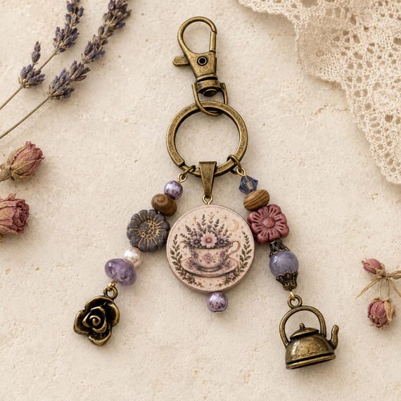 Moonlit Tea Garden Gemstone Charm, Purple Chalcedony Amethyst Crystal, Floral Teacup Purse Charm, Bronze Kettle, Cottagecore Gift