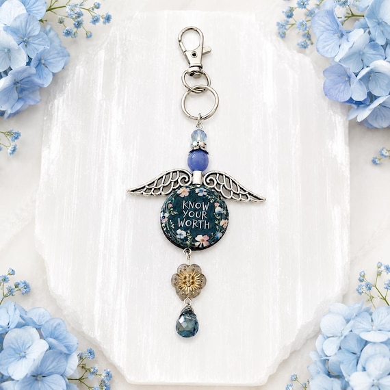 Know Your Worth Angel Charm, Blue Lace Agate Gemstone Purse Charm, Inspirational Keychain, Artisan Wood Bead, Encouragement Gift