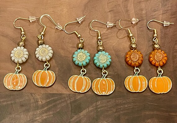 Gemstone Earrings - Gold Hematite Crystal Healing, Pretty Fall Pumpkin and Sunflower Jewelry