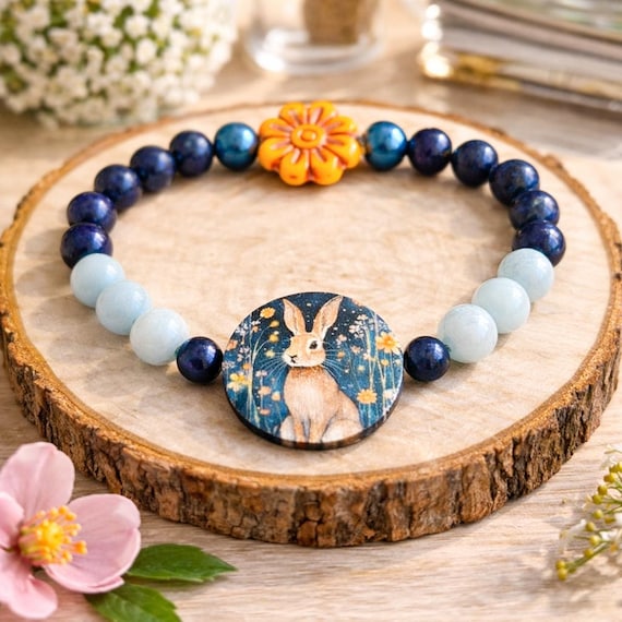Angelite Lapis Lazuli Bunny Bracelet – Artisan Wood Rabbit, Czech Glass Daisy, Spiritual Stretch Jewelry