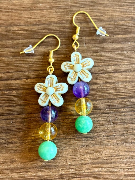 Gemstone Earrings - Amethyst/ Citrine / Green Angelite Crystal Healing, Mardi Gras Magic