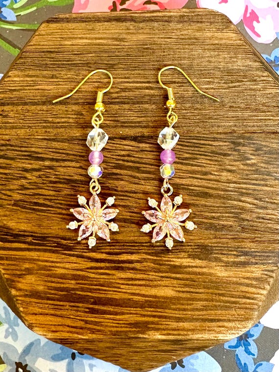 Hypoallergenic Pink Crystal Snowflake Earrings: Clear Quartz, Chalcedony