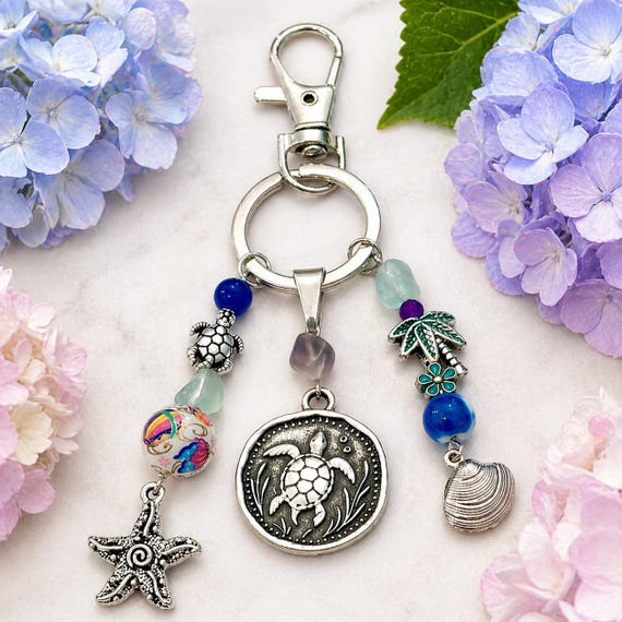 Sea Turtle Enchanted Keychain Charm | Ocean Soul Purse Charm | Fluorite Jade Gemstones | Starfish Seashell Palm Tree | Japanese Tensha Bead