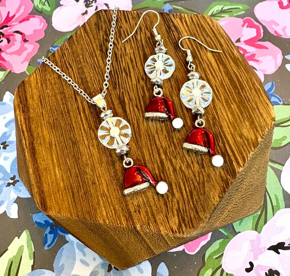 Snowflake Necklace and Earrings Set: Czech Glass, Hematite, Santa Charm