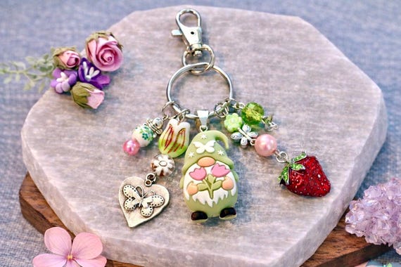 Strawberry Gnome Keychain, Cottagecore Purse Charm, Floral Beaded Garden Accessory