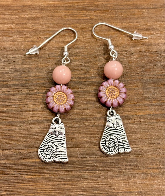 Gemstone Earrings - Pink Opal Crystal Healing, Whimsical Cat Jewelry