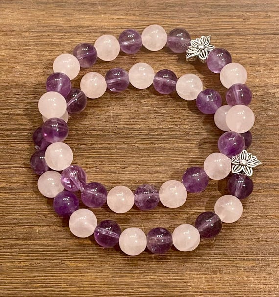 Gemstone Bracelet - Amethyst / Rose Quartz Crystal Healing Bracelets, Lotus Flower Jewelry