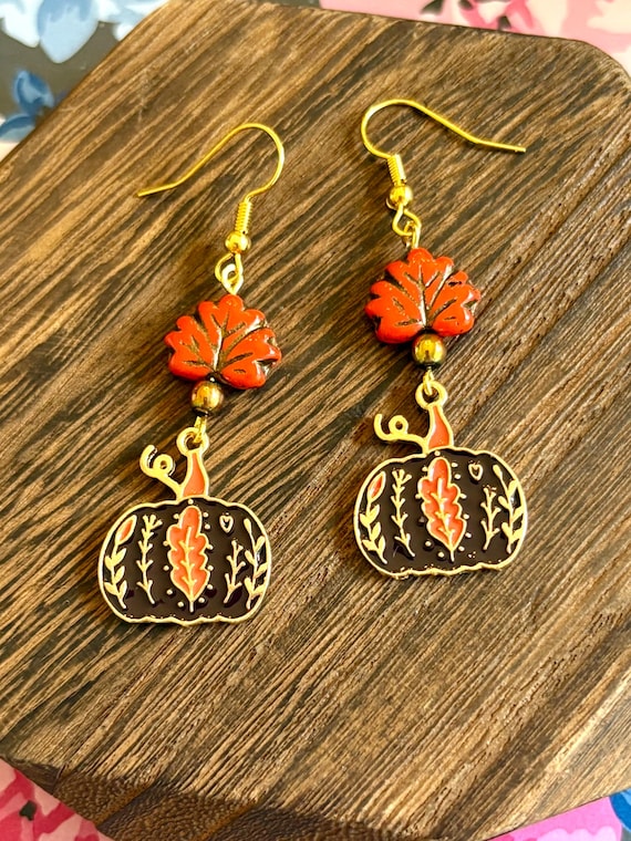 Enamel Pumpkin Earrings: Czech Glass Leaf, Hematite, Gold Stainless Steel