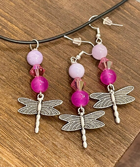 Gemstone Necklace / Earrings - Jade Crystal Healing, Dragonfly Jewelry