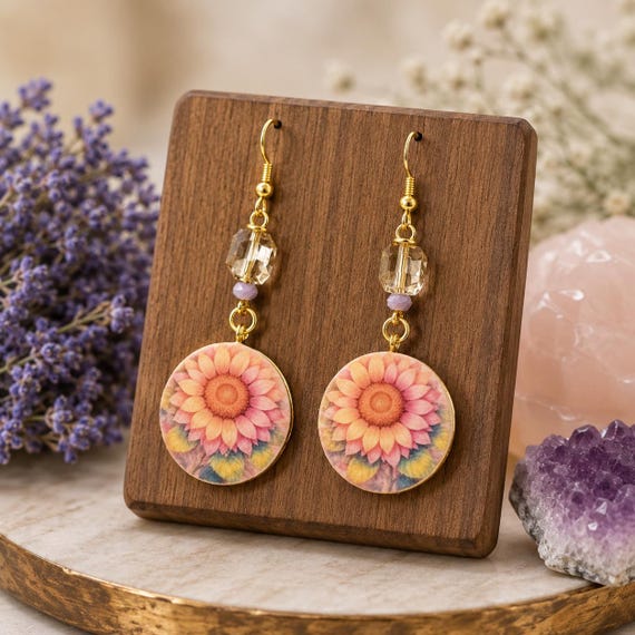 Summer Bloom Enchantment Earrings - Floral Artisan Wood Earrings, Hematite & Crystal Earrings, Hypoallergenic 316L Surgical Steel