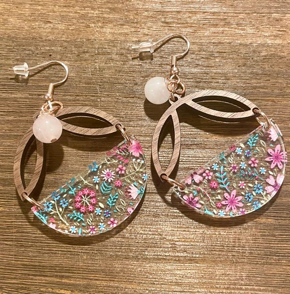 Gemstone Earrings - Rose Quartz Crystal Healing, Colorful Floral Earrings