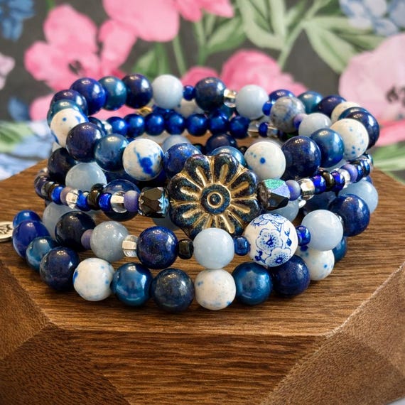 Blue Lotus Angel Bloom Coil Wrap Bracelet - Angelite, Jade, and Lapis Lazuli Gemstones, Flowers, Spiritual Jewelry
