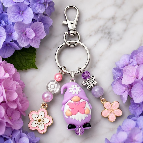 Lavender Gnome Keychain • Lepidolite, Butterfly, Flower Charms • Fairycore Bag Charm