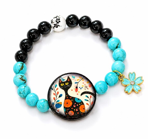 Whimsical Whiskers Enchanted Gemstone Bracelet – Black Onyx & Turquoise, Handmade Cat Jewelry, Reiki Infused, Floral Charm, Stretch Bracelet