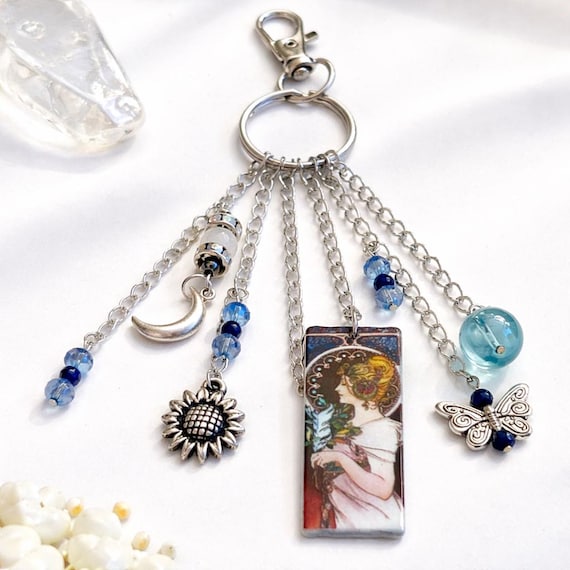 Aqua Aura Gemstone Keychain –Vintage Art Inspired, Celestial, Butterfly, Sunflower Charms