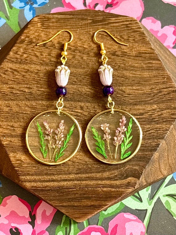 Lavender Moonlight Blooms Earrings – Dried Flower Resin, Czech Glass Tulip Beads, Purple Hematite Gemstone Earrings – Botanical Boho Jewelry