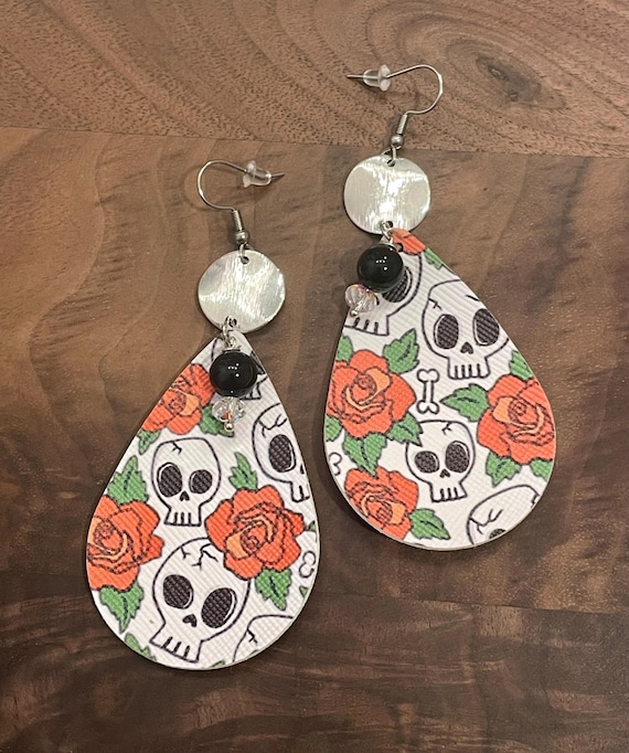 Gemstone Earrings - Onyx Crystal Healing, Sugar Skull Earrings, Protection Jewelry