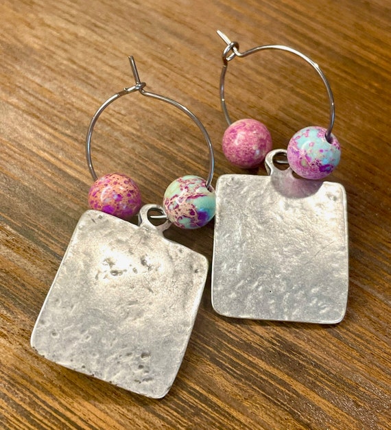 Gemstone Hoop Earrings - Galaxy Sea Sediment Imperial Jasper Crystal Healing, Silver Boho Earrings