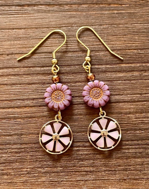 Gemstone Earrings - Hematite Crystal Healing, Pink Daisy Pinwheel