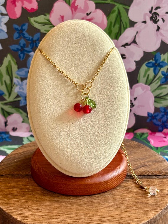 Sweet Cherry Spark Anklet – Gold Tone Chain with Clear Quartz, Acrylic Cherry Charm, Hypoallergenic Stainless Steel, Adjustable