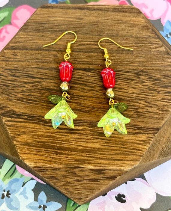 Christmas Tulip & Lily of the Valley Earrings: Czech Glass Dangles