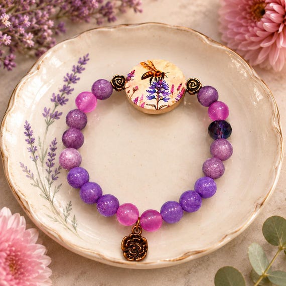 Purple Chalcedony & Jade Gemstone Bracelet | Lavender Bee Bracelet | Handmade Stretch Bracelet | Copper Flower Charm | Nature Inspired