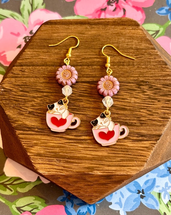 Whiskers & Warm Hearts Earrings – Pink Sunflower Czech Glass Cat Valentine Dangles