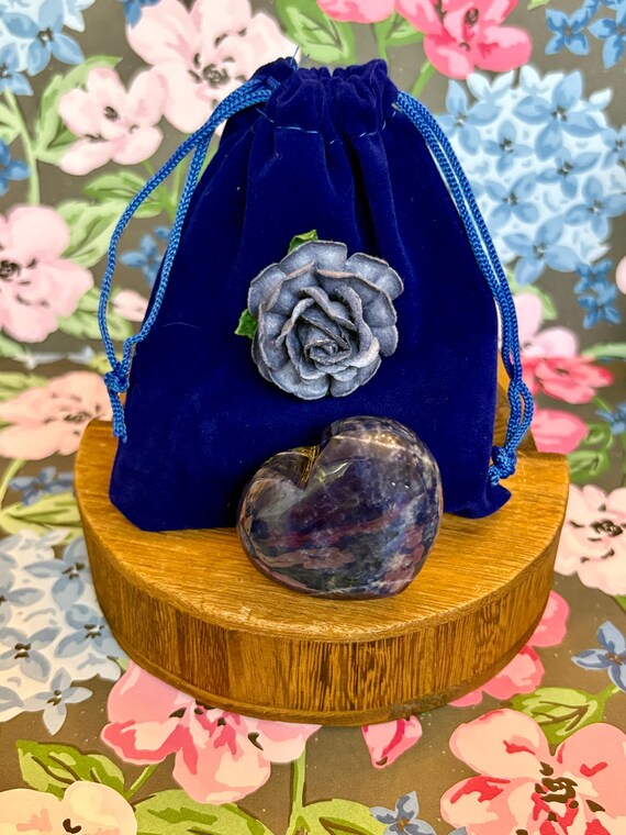 Sodalite Heart Crystal Gift | Reiki Blessed Gemstone, Velvet Pouch