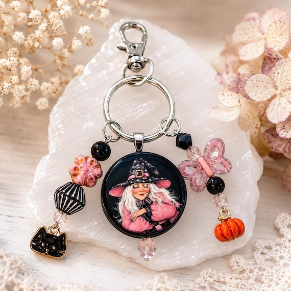 Witch’s Autumn Embrace Gemstone Purse Charm Keychain • Obsidian & Black Onyx • Handmade Double-Sided Wood Witch Charm
