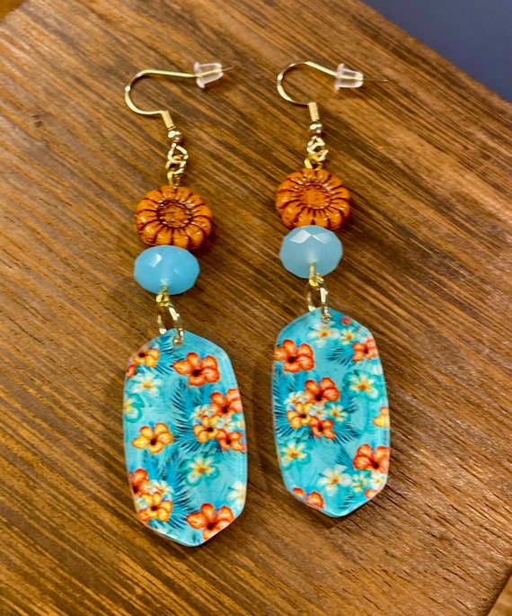Gemstone Earrings - Blue Chalcedony Crystal Healing, Tropical Floral