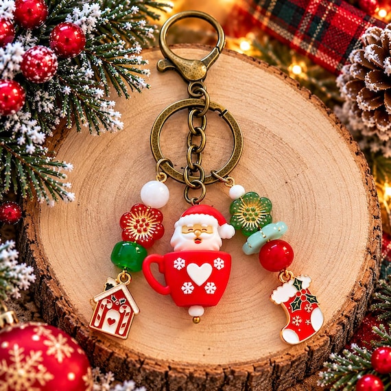 Santa's Cozy Cocoa Christmas Purse Charm Keychain, Jade Gemstone Bag Charm, Cute Santa Cup, Gingerbread House Christmas Gift
