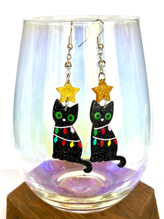 Twinkle Light Kitty Christmas Earrings: Silver Hematite & Glitter Star