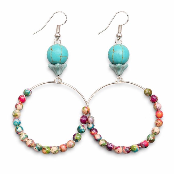 Multicolor Beaded Hoop Earrings, Turquoise Magnesite Boho Statement Jewelry