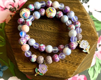 Tensha Bead Diffuser Bracelet: Mystic Aura Quartz, Lava Stone & Enamel Flower