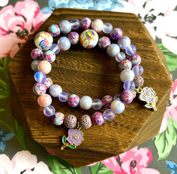 Serenity Dreams Diffuser Bracelet – Tensha Bead, Mystic Aura Quartz, Lava Stone, Sea Sediment Jasper, Enamel Flower Charm