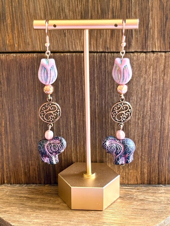 Blushing Spirit Elephant Earrings – Czech Glass Tulips, Rose Gold Filigree, Hematite and Melon Beads