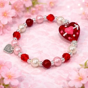 Ruby Red Heart Bracelet • Lampwork Glass, Pearls & Silver