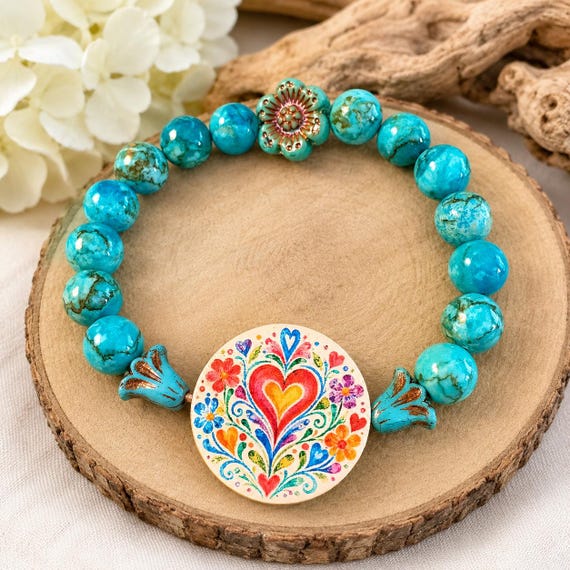 Heartsong Meadow Gemstone Bracelet • Turquoise Bracelet • Artisan Handmade Folk Art Heart Jewelry • Czech Glass Flowers • Cottagecore Gift
