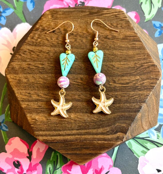 Tidal Heartbeat Earrings – Jersey Shore Collection | Enamel Starfish, Imperial Jasper, Czech Glass Leaves, Hematite Gemstones | Beachy Boho