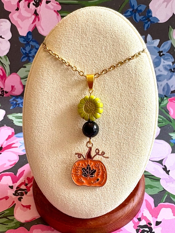Czech Glass Sunflower and Pumpkin Necklace: Onyx Gemstones, Hypoallergenic